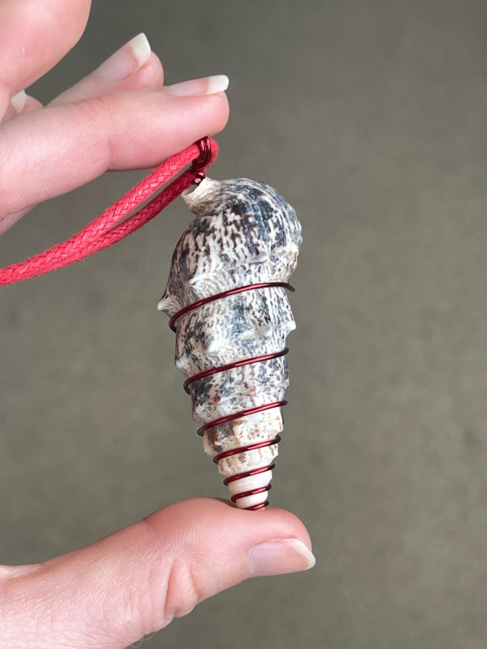 Handcrafted Spiral Seashell Pendant on Red Cord